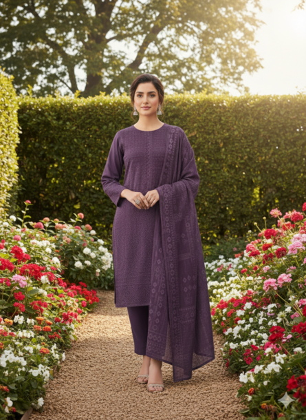 SSA-WCBLCK EMBROIDED 3PC Winter cotton with Monar PRINTED DUPATTA - Zinc - Image 3