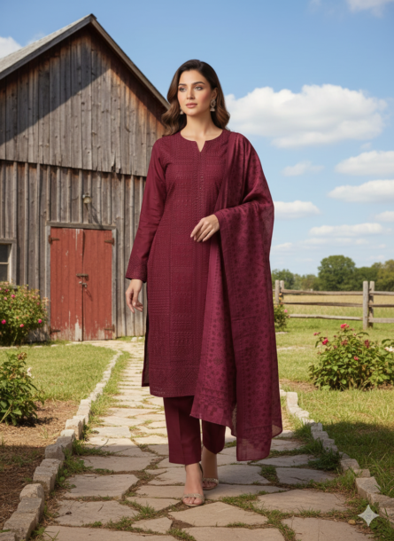 SSA-WCBLCK EMBROIDED 3PC Winter cotton with Monar PRINTED DUPATTA - Majenta - Image 4