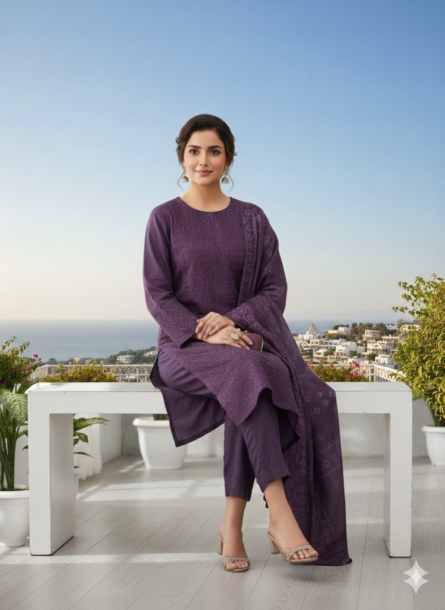 SSA-WCBLCK EMBROIDED 3PC Winter cotton with Monar PRINTED DUPATTA - Zinc - Image 4