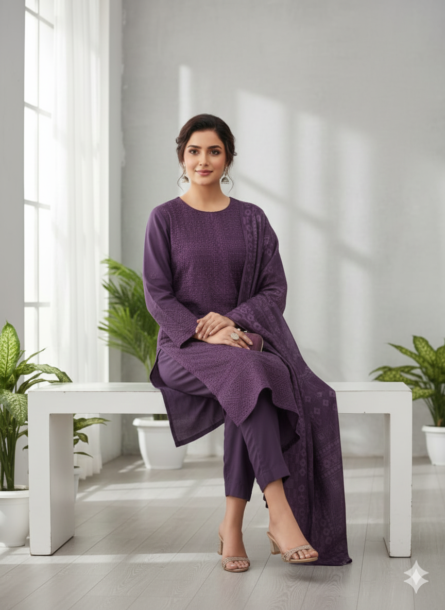 SSA-WCBLCK EMBROIDED 3PC Winter cotton with Monar PRINTED DUPATTA - Zinc - Image 5